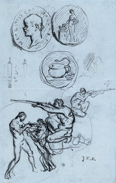 アンティークのコイン、ハンター、そしてライオンを持つ男のための3つの研究 作： Jean Francois Millet