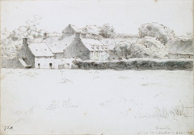 畑の向こうに農場の建物を見る（1871年8月6日 作： Jean Francois Millet