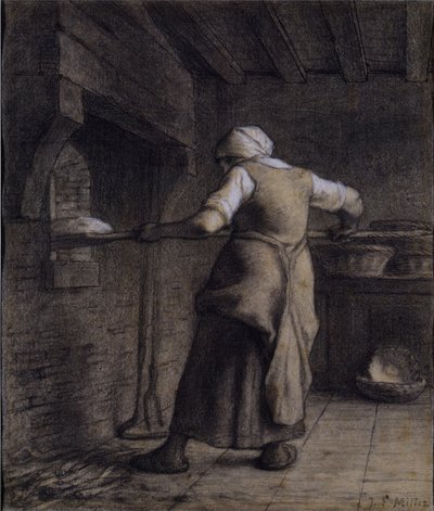 Woman Baking Bread（紙に黒、白、茶色のチョーク） 作： Jean Francois Millet