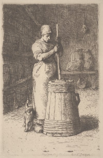 女性のかき回すバター、c.1855-56（エッチング） 作： Jean Francois Millet
