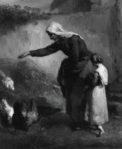 ニワトリに餌をやる女性、184648。 作： Jean Francois Millet