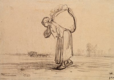 背中に袋を運ぶ女性、c1851-1855 作： Jean Francois Millet
