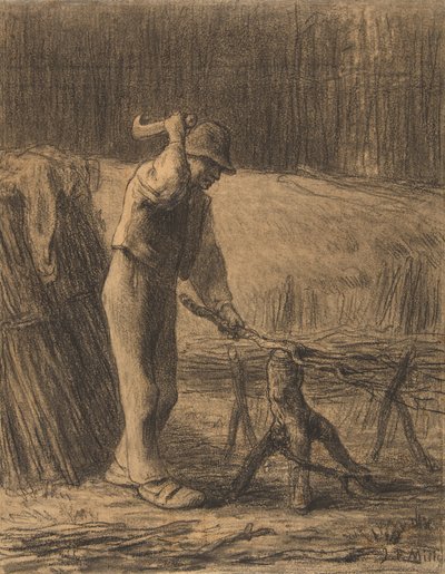 木こりのトリミング小枝、1853-54年（ベージュの紙の上に切り株のあるコンテクレヨン） 作： Jean Francois Millet
