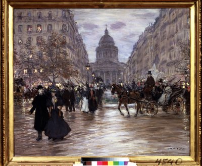 ""Boulevard Saint Michel"" パリのリュクサンブール公園とサン ミッシェル大通りから見たスフロ通りとパンテオンの眺め、夕暮れ時にはタクシーとエレガントなカップルが通りを活気づけます。 ジャン・フランソワ・ラファエリの絵画 (18) 作： Jean Francois Raffaelli