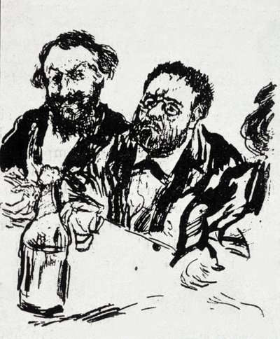 食卓を囲む画家エドゥアール・マネ（1832-1883）と作家エミール・ゾラ（1840-1902） ジャン・フランソワ・ラファエリ（1850-1924）の風刺画 作： Jean Francois Raffaelli