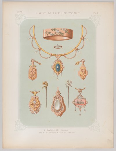 ゴールドとローズゴールドのジュエリーデザイン、1879年。 作： Jean François Barousse