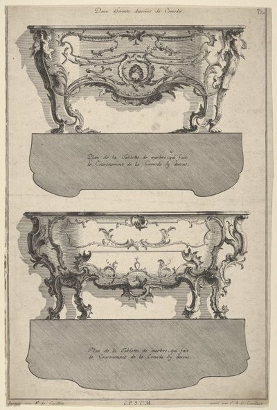 「Livre de differents dessein de Comodes」の2つの箪笥のデザイン、1745-56 作： Jean François Cuvilliés