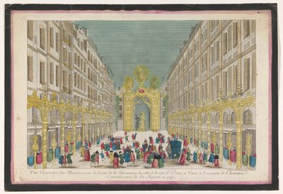 1745 年にフランス王ルイ 15 世が修復された際のパリのフェロンネリ通りの装飾の眺め パリのサン ドニ通りのコート (...) (タイトルは o のタイトル) 作： Jean François Daumont