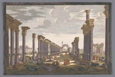 西側から見たパルミラの柱廊のアーチの遺跡の眺め 12日。 Les Ruines du grand Temple de Palmire du côté de l