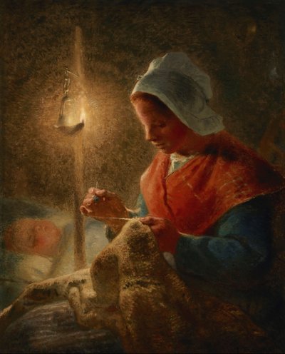フランス語：Femme coud à la lumère de la lampe 灯りで裁縫する女性 作： ジャン・フランソワ・ミレー
