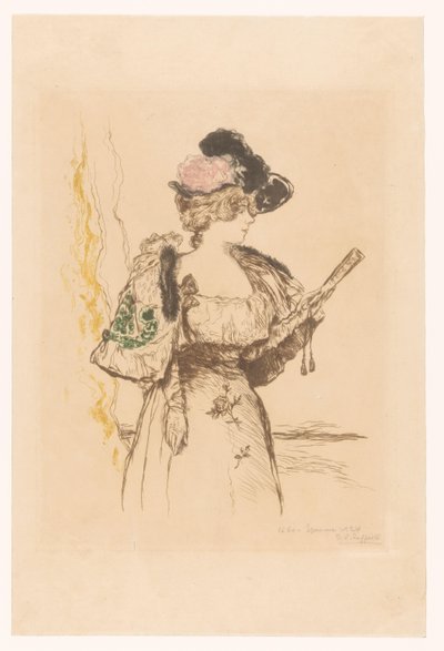 扇子を持つ女性 シーンの女優 作： Jean François Raffaëlli (signed by artist)
