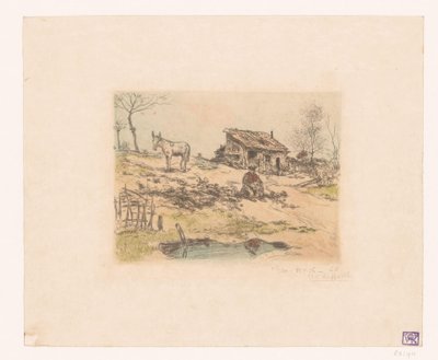 小屋の近くに男とロバがいる風景 ラ カバン デュ シフォニエ 作： Jean François Raffaëlli (signed by artist)