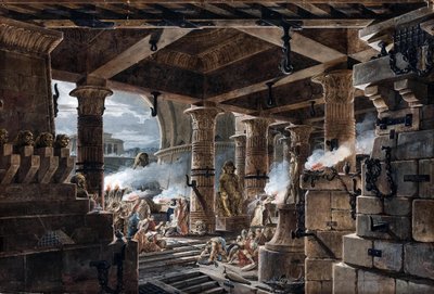建築ファンタジー - エジプトの寺院の内部ビュー、1803 作： Jean François Thomas de Thomon