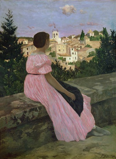 ピンクのドレス、またはカステルノールレの眺め、エロー、1864 作： Jean Frederic Bazille