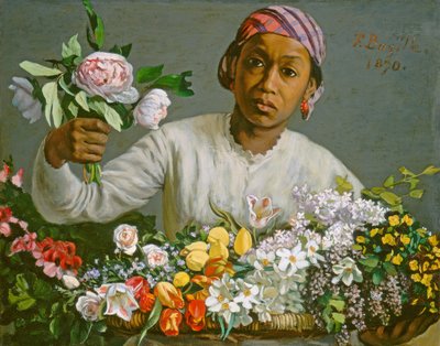 牡丹を持つ若い女性、1870 作： Jean Frederic Bazille