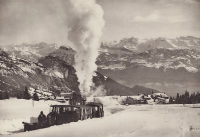 ヴィッツナウ リギ鉄道のウィンター スポーツ トレイン、リギ カルトバード (白黒写真) 作： Jean Gaberell