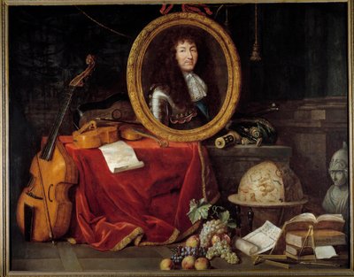 ルイ14世の肖像 フランス王（1638-1715）、芸術と科学の保護者 王の肖像の周りには、楽器（ヴィオラ・ド・ガンバ、ヴァイオリン・ギター）と科学機器（角、天球儀、コンパス）が配置されています。ジャン・ガによる絵画 作： Jean Garnier