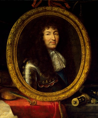 ルイ14世の肖像 フランス王（1638-1715）、芸術と科学の保護者 王の肖像は、楽器（ヴィオラ・ド・ガンバ、ヴァイオリン・ギター）と科学機器（角、天球儀、コンパス）に囲まれています。詳細絵画担当 作： Jean Garnier