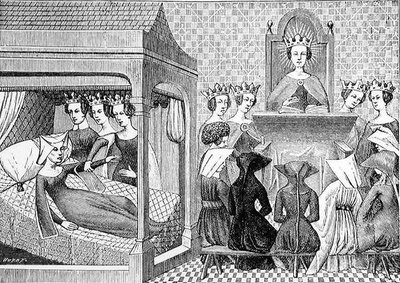理性、正直さ、正義という3つの美徳は、クリスティーナデピサン（c.1364-1410）に、女性の指導のための倫理書、中部の科学と文学からの挿絵を書くよう要請する 作： Jean Georges after Huyot