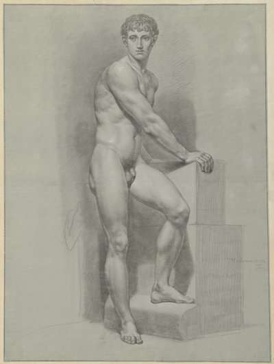 立っている裸の男性、腕をブロックに乗せる 作： Jean Grandjean