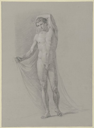 立っている裸の男性、背中の後ろに布を持っている、正面から 作： Jean Grandjean