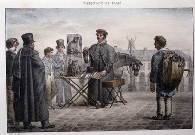 パリのかつてのストリートメティエ：鼠の死の商人（キャメロット）。ジャン・アンリ・マルレ（1771-1847）の版画、「Les Tableaux de Paris」（72枚組）、19世紀後半。 作： Jean Henri Marlet