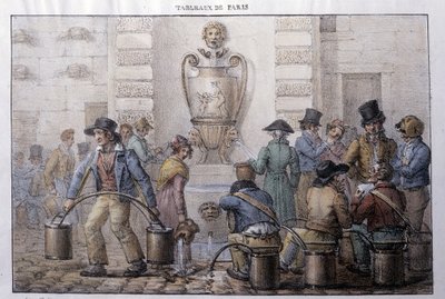 パリの旧街道のメティエ：噴水の前で水を運ぶ人。ジャン・アンリ・マルレ（1771-1847）の版画、「Les Tableaux de Paris」（72枚組）、19世紀後半。 作： Jean Henri Marlet