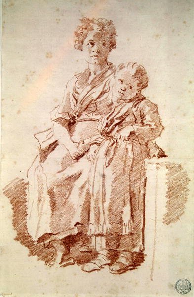 彼女の妹を持つ少女、1774（紙に赤いチョーク） 作： Jean Honore Fragonard
