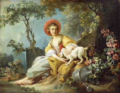 庭に犬とじょうろをつけた若い女性 作： Jean Honore Fragonard