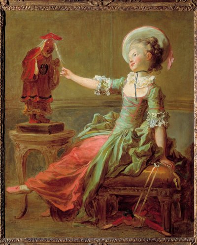 中国の彫像に髪を引っ張られて楽しむ少女。ジャン・オノレ・フラゴナール（1732-1806）の絵画 18世紀 個人蔵 作： Jean Honore Fragonard