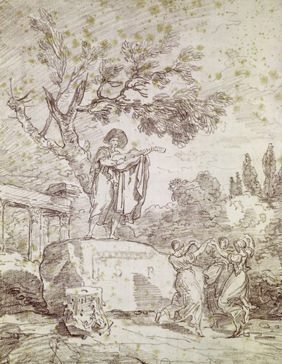 3人のダンシングガールのために演奏するイタリアのギタリスト（紙に赤いチョーク） 作： Jean Honore Fragonard