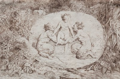 Bacchanale: 二人のサテュロスに支えられたニンフ 作： Jean Honore Fragonard