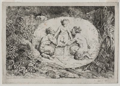 Bacchanale: 二人のサテュロスに支えられたニンフ 作： Jean Honore Fragonard
