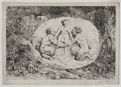 Bacchanales：Nymph Supported by Two Satyrs、1763 作： Jean Honore Fragonard