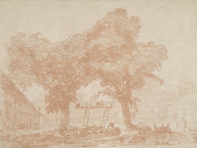 間にはしごがある 2 本の木がある農場 作： Jean Honore Fragonard