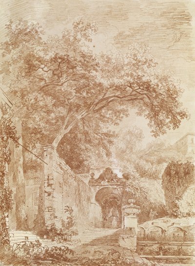 フォンタノーネ、ヴィラデステ、チボリへの入り口（紙に赤いチョーク） 作： Jean Honore Fragonard