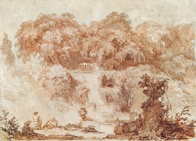ヴィッラデステの庭園、滝のふもとから（紙に赤いチョーク） 作： Jean Honore Fragonard