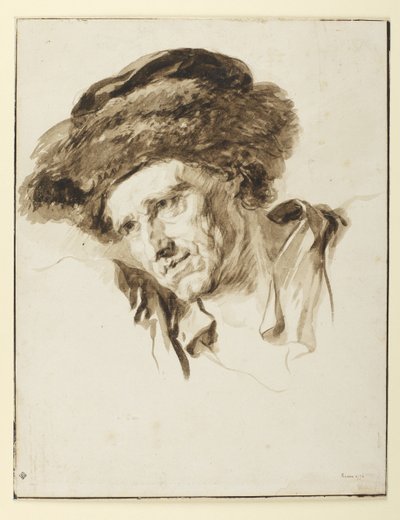 毛皮の帽子をかぶった男の頭、1774年（紙にペンとインク、ウォッシュとグラファイト） 作： Jean Honore Fragonard