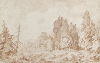 橋のある風景、1760年頃（オフホワイトの紙に赤いチョーク） 作： Jean Honore Fragonard