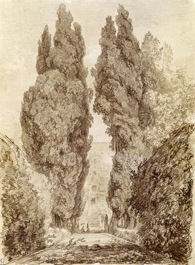 ヴィラデステの大きな糸杉（紙に赤いチョーク） 作： Jean Honore Fragonard