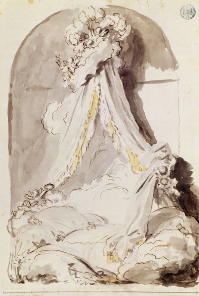 恋人のベッド（ペンとインク、紙の上で洗う） 作： Jean Honore Fragonard