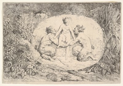 2 人のサテュロスに支えられたニンフ、1763 年。 作： Jean Honore Fragonard