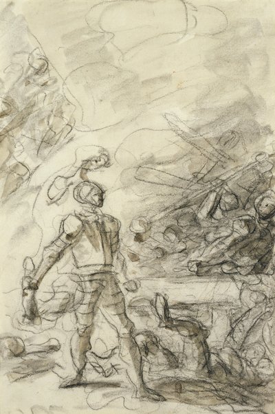 オーランドは火のブランド（ペンとインク、チョーク、紙の上で洗う）で旅団を鎮圧する 作： Jean Honore Fragonard