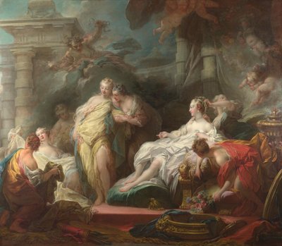 彼女の姉妹にキューピッドからの贈り物を見せているプシュケ、1753 作： Jean Honore Fragonard