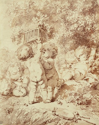 プレー中の6つのPutti、2つはケージを保持、 作： Jean Honore Fragonard