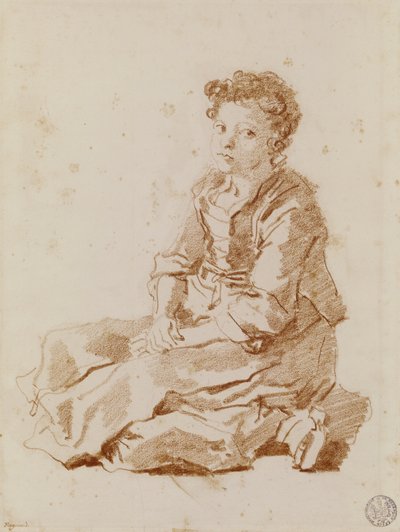地面に座っている小さな女の子（紙に赤いチョーク） 作： Jean Honore Fragonard