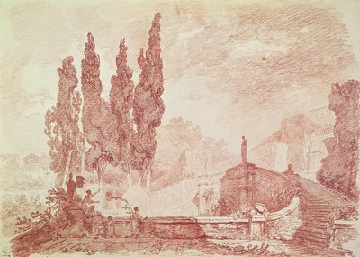 ヴィラデステの庭園の階段、チボリ（紙に赤いチョーク） 作： Jean Honore Fragonard