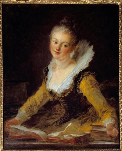 勉強する。書斎で本をめくって勉強している女性。ジャン・オノレ・フラゴナール（1732-1806）の絵画 作： Jean Honore Fragonard