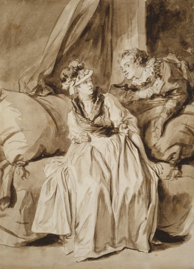 The Letter, or The Spanish Conversation, c. 1778 (ブラシと茶色のインク、茶色のウォッシュとグラファイト、アイボリーの敷紙) 作： Jean Honore Fragonard