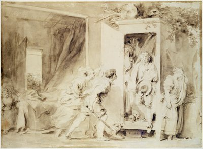 びっくりした恋人、1755年（チョークの上に茶色の鉛筆の予備描画） 作： Jean Honore Fragonard